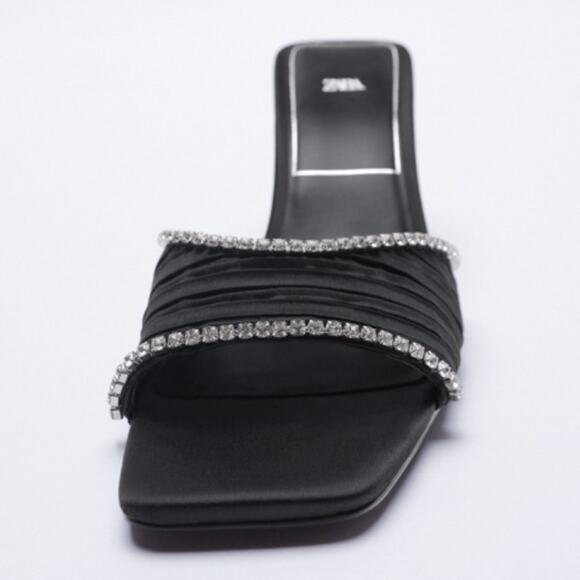 New Zara Crystal Trim Open Square Toe Black Satin Mule Slide Sandals Size 6.5 - Picture 4 of 15